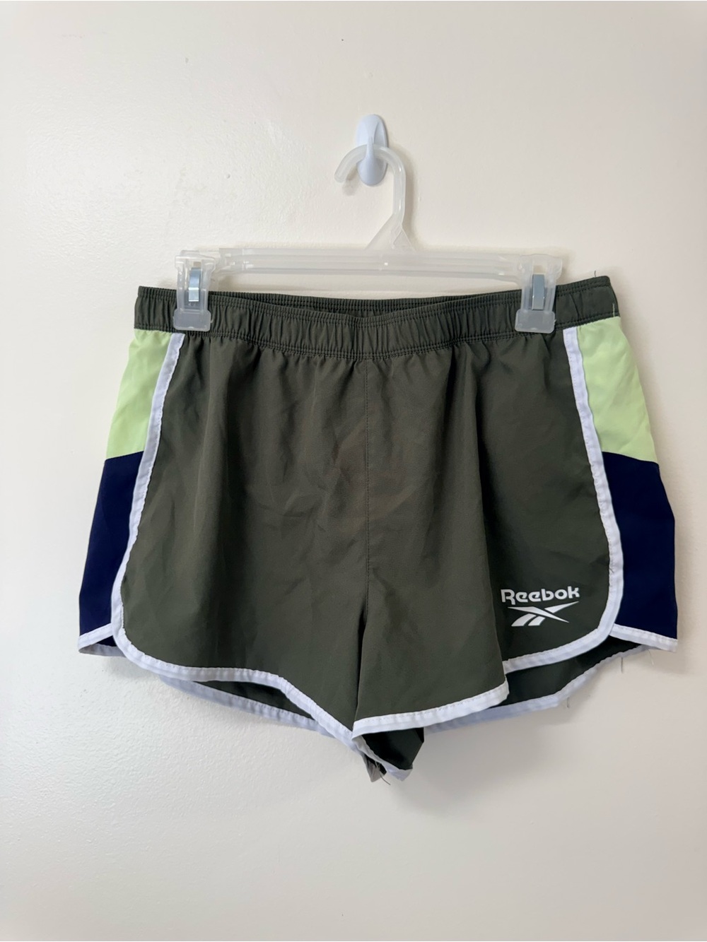 Reebok Olive Green Athletic Shorts with Navy and Lime Panels